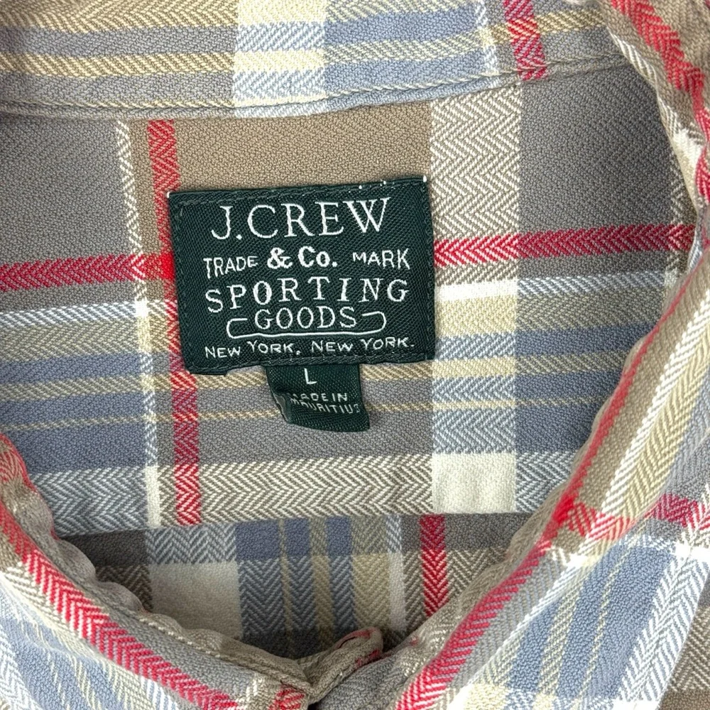 J. Crew‎ Plaid Shirt Men's Large Tan Gray Red Flannel Button-up 100% Cotton Soft